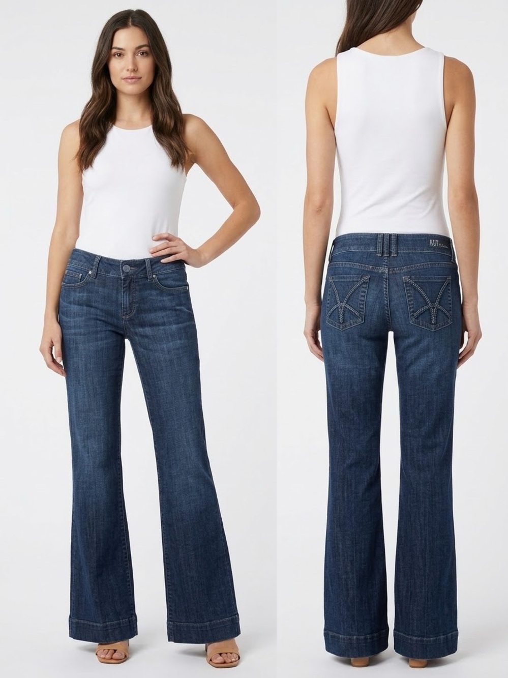 KUT from the Kloth Flare Leg Jeans Dark Wash Embroidered Pockets Size 12